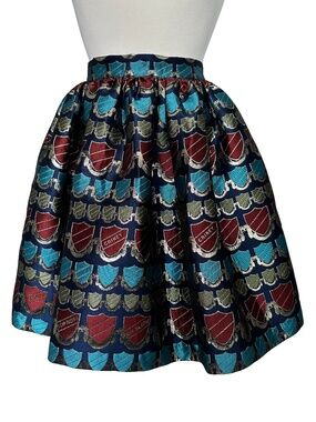 House of Holland Blue, Red and Gold Brocade Mini Skirt